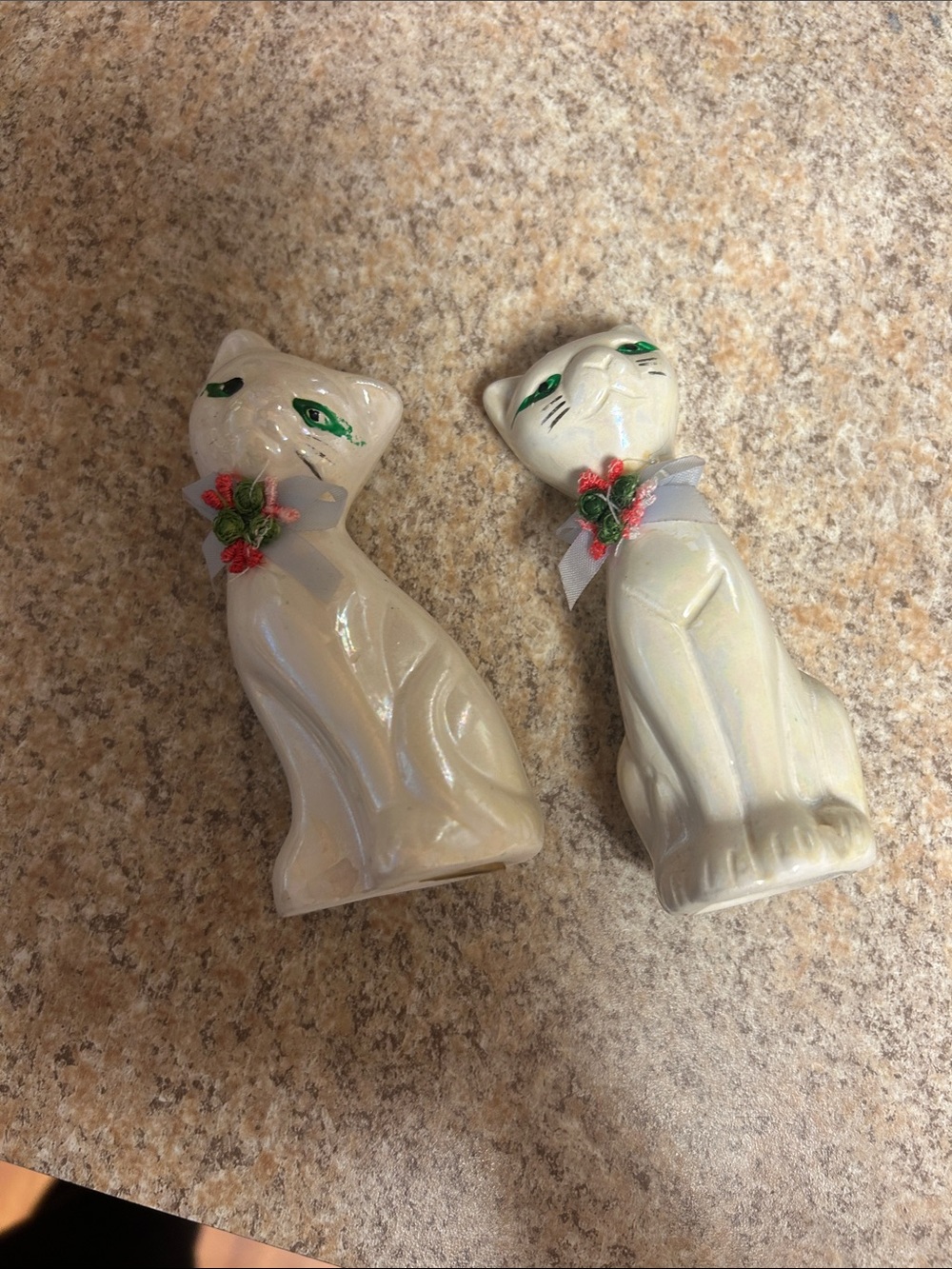 Pair of Cream Ceramic Cat Salt & Pepper Shakers with Green Eyes